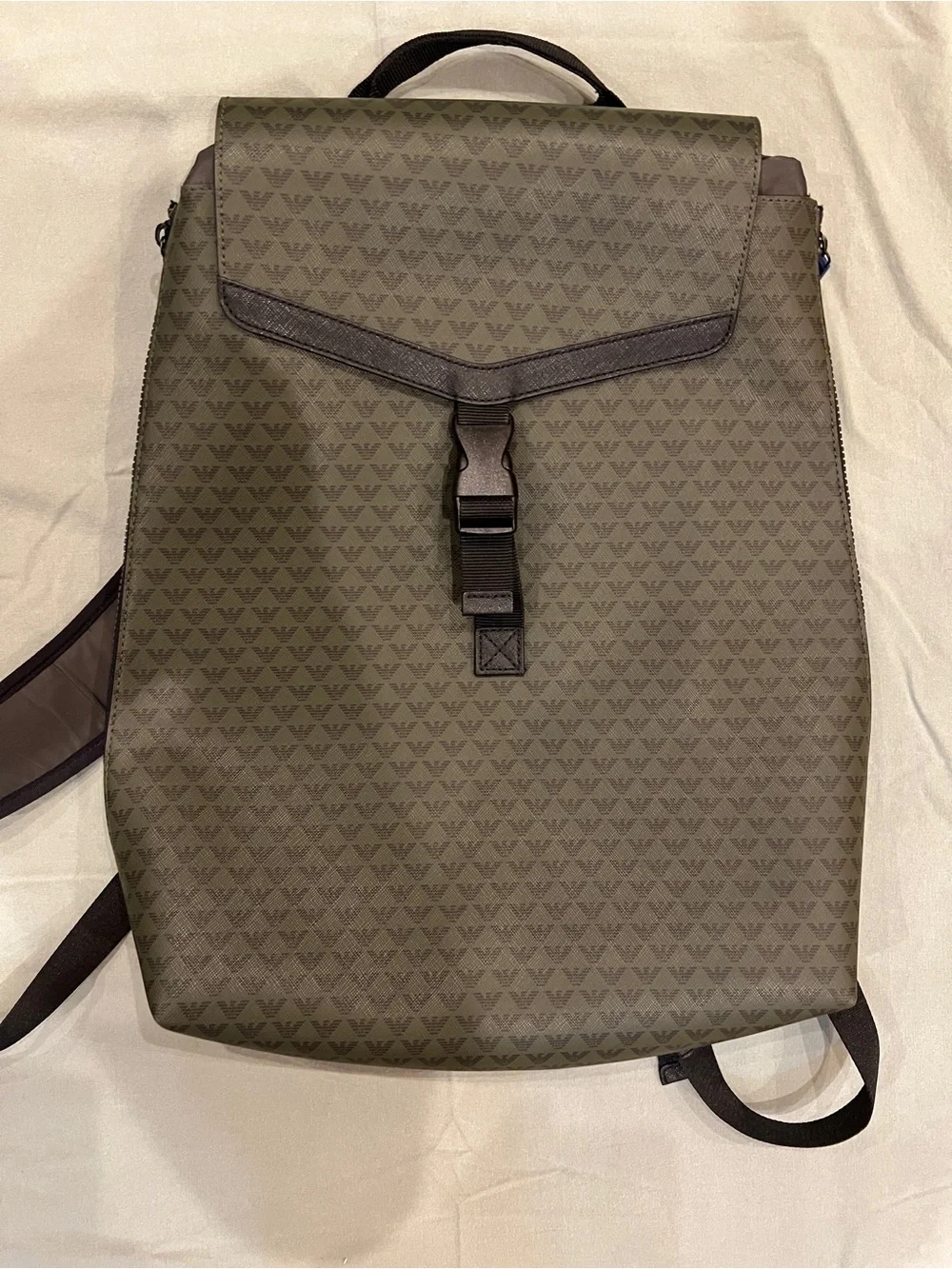 Emporio Armani Olive Logo-Print Backpack with Black Trim